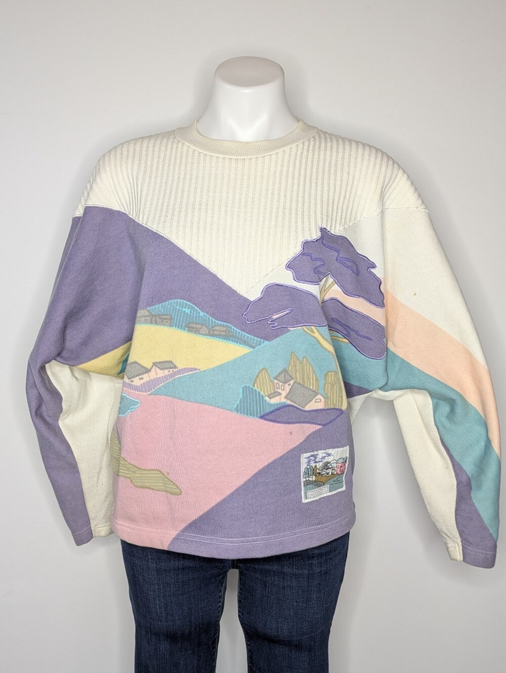 Vintage Cream Purple Pink Hill Mountain Home Landscape Cotton Blend Sweatshirt